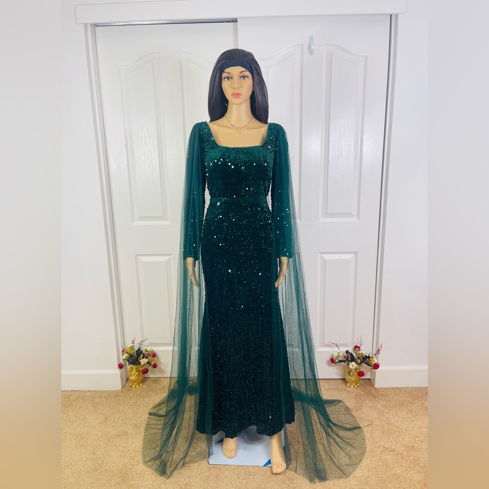 Elegant Emerald Green Sequin Evening Gown with Sheer Cape